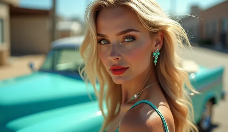  Blonde woman green eyes hair in the wind turquoise dress turquoise sneakers,  next to a car sky blue  , strong sun, in the street , perfect white skin soft realistic,  red mouth place diamonds , green earrings 