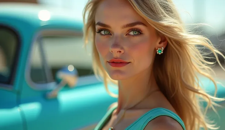  Blonde woman green eyes hair in the wind turquoise dress turquoise sneakers,  next to a car sky blue  , strong sun, in the street , perfect white skin soft realistic,  red mouth place diamonds , green earrings 