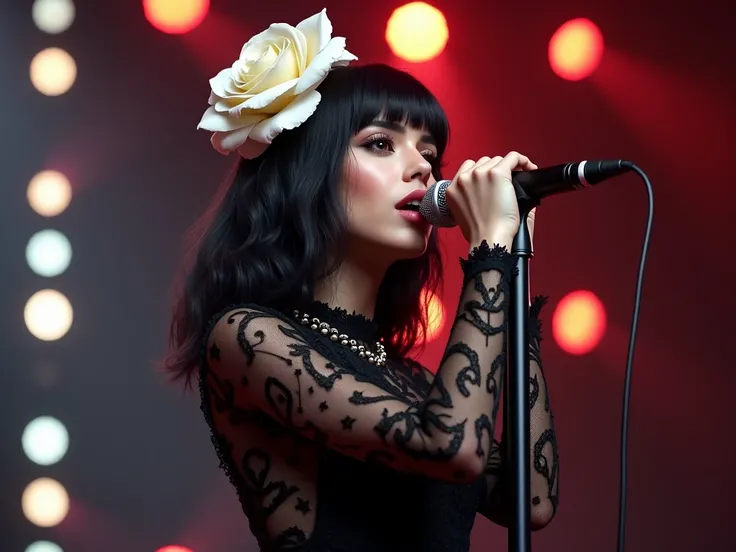  female Latin singer MON LAFERTE wearing a black lace dress and a white rose on her head,  she is holding a microphone with both hands she is singing with a lot of feeling , This standing on a stage of many lights hyper realistic 3d automatic image 