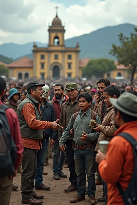  A group of townspeople gathered in an Andean plaza,  with a colonial church and mountains in the background .  Everyone discusses ,  pointing into the air and talking about bacteria , with expressions of fear and confusion . Some wear improvised masks ,  ...