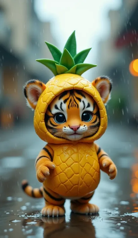 A tiger cub with a fruit costume on a rainy day,  realistic image 