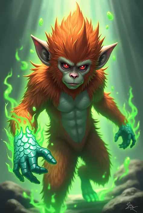  Create a character with a monkey race with humanoid features , There are green flames surrounding her body ,  and with a glove in his right hand very characteristic by the traces of ice on it,  with orange fur and dark red eyes ,  with anime features insp...