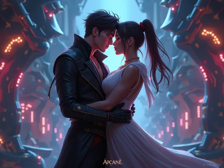 Viktor de Arcane making out with Jayce de Arcane on a hextech background