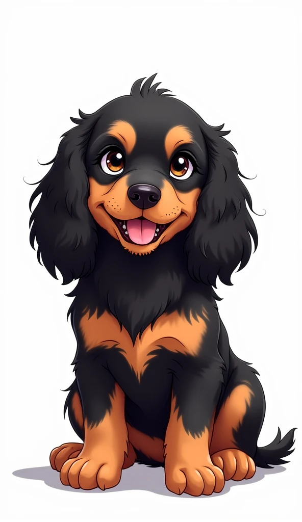 "A stunning anime-style illustration of a male English Cocker Spaniel puppy sitting and facing forward on a clean white background. The dog has a black and cinnamon-colored coat, with a glossy black nose and dark, expressive eyes. He looks happy and is smi...