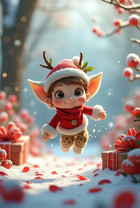 (Best quality,Ultra-detailed,Realistic), its Xmas,Beautiful detailed eyes,curious expressionsxmas, navidad, ,snow drenched garden background,Bright flowers,Xmas presents , Float gracefully,Colorful petals,Gentle breeze,Playful movements,Vivid colors,Artist...