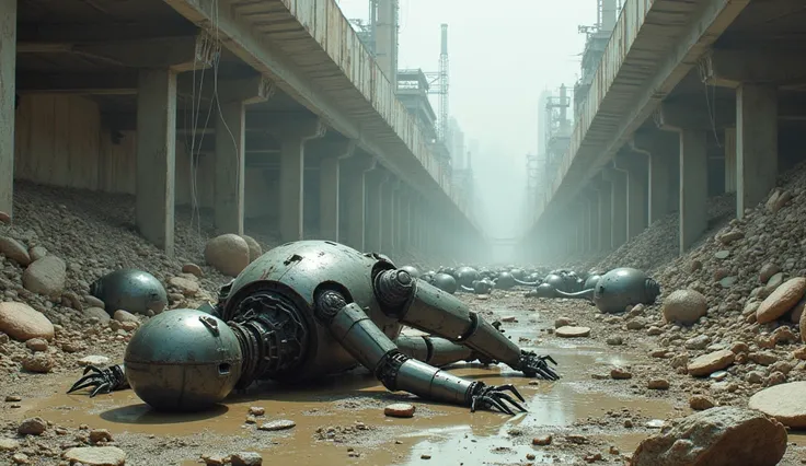 Non-functional robots lying scattered among debris.