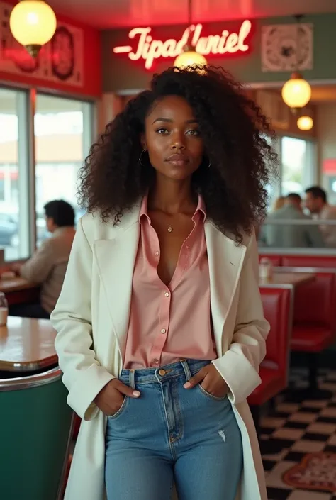   black woman , 1, 66 white coat ,  jeans pink blouse , curly hair at the waist , age 24 years ,  green eyes, wear, Are you in the diner  