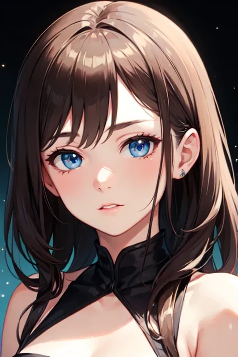 ((best quality)), ((masterpiece)), (detailed), 1girl, dark brown hair٫ bright blue eyes