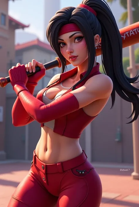 a close up of a woman in a red outfit holding a baseball bat, mai shiranui, as a fortnite character, as a character in tekken, fortnite skin, senna from league of legends, tane skin, fortnite character, fuschia skin, fighting game character, arms akimbo po...