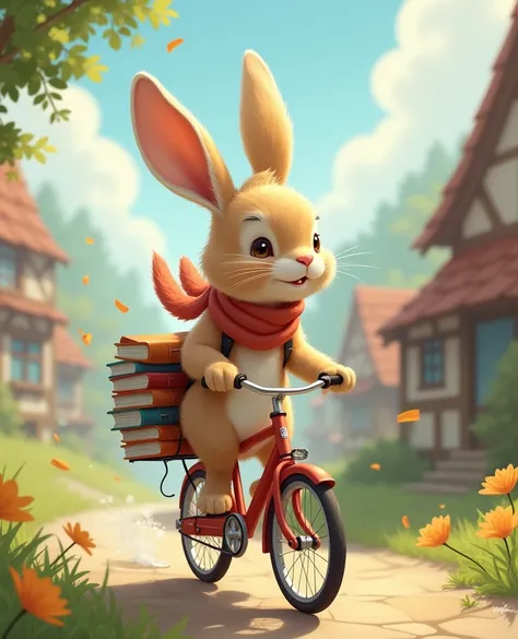 A rabbit with a scarf around her neck on a bike with books on the back and a bow