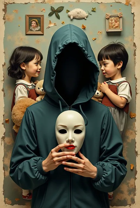 Create an image,  in the center of this there is a faceless person (en el centro de la cara sin rostro habrá un niño In half relief  sostenido un peluche) , who is holding a mask (In half relief ), only half body, In the background a collage with ren holdi...