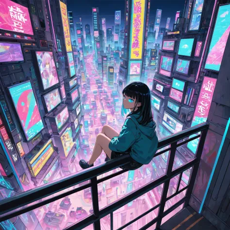 Artistic anime illustration of an Asian girl sitting on the railing of a particularly tall tower overlooking the city at night, looking straight into the camera in a complex, multi-layered urban environment with Chinese signboards and displays displaying v...