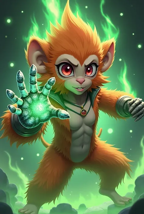  Create a character with a monkey race with humanoid features , There are green flames surrounding her body ,  and with a glove in his right hand very characteristic by the traces of ice on it,  with orange fur and dark red eyes , With an anime character a...