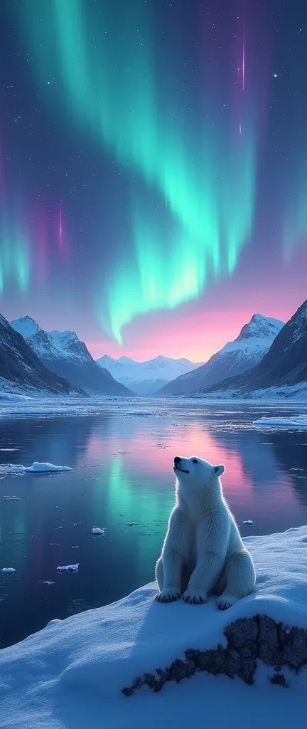 A vibrant aurora borealis dancing over a majestic glacier, casting colorful reflections on a frozen lake below, while a curious polar bear sits on the ice, gazing up in wonder as swirling snowflakes create a magical atmosphere, with the silhouette of a mou...