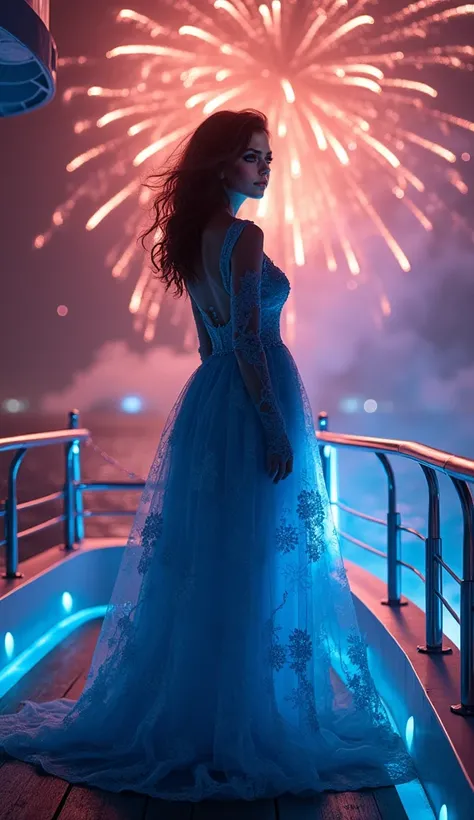 ultra realistic professional full body  {mesmerizing woman in translucent sapphire blue lace dress with intricate floral patterns, standing dramatically on luxurious yachts upper deck, her silhouette perfectly framed against explosive 10,000-color firework...