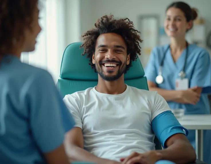 realistic image of a male patient with Brazilian phenotypes donating blood. in the image, ,  for the donor to be happy to donate blood. It is a proud moment 