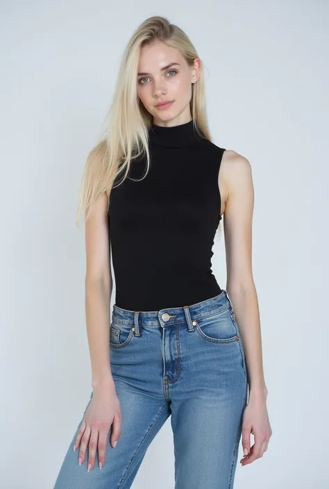 A young pale skinned 21-years-old Caucasian girl age  with straight very long blonde hair down to her knees wearing a black minidress, posing in a studio with a plain grey background, studio lighting