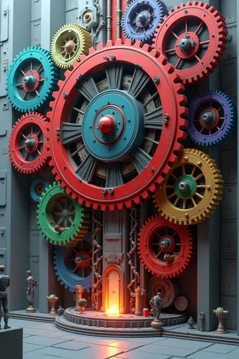 Generate a futuristic image of gears colors red blue coffee green gold purple