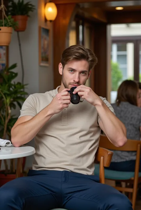 Attractive Man, Tall and athletic,  Light brown hair , beige polo sweater ,  skinny navy blue pants ,  blue eyes at a coffee shop in Westfield, Nj 