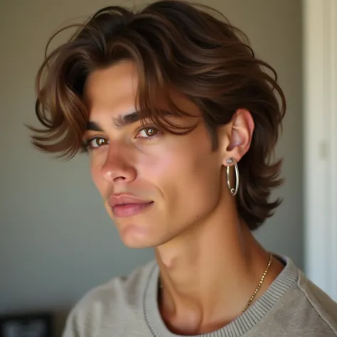 Cute hot sexy light tan skin guy 22 years with golden brown mid-length hair, his hairstyle is middle part and his big eyes color are espresso. I want his side profile with his low bridge button nose. He wears two hoop earrings on his ear.
