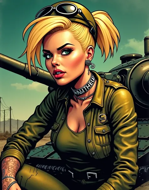 Comic book style drawing of tank girl character, punk, blonde, with piercings, wearing military helmet, sitting on a tank, (best quality, 4k, 8k, high resolution, masterpiece: 1.2), ultra detailed, (realistic, photorealistic, photorealistic: 1.37) , oil pa...