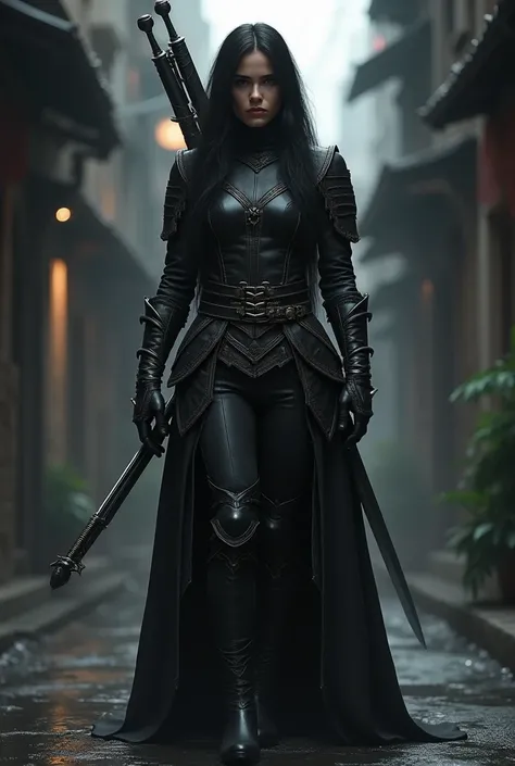 anime, mature woman, black hair, black leather armor, black boot, with crossbow and longsword on the back, dark alley background