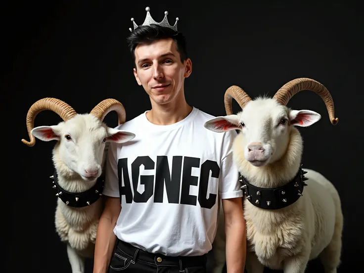 Create a trendy ,  a bright image of a young guy , dark short hair,  The guy has a white t-shirt with the inscription in big black AGNEC .  Next to him are two white sheep with black collars with big spikes,  the sheeps faces are muzzled , its like theyre ...