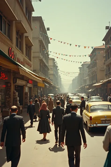 A photo from the 60s in Iran
On the streets of an Iranian city with Iranian cars of that time and people in classic clothes
And an Iranian shop