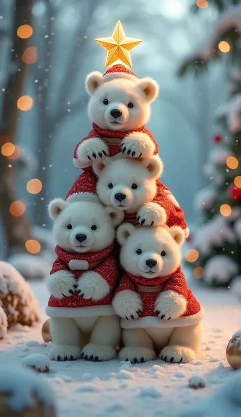 A realistic, video-like photograph of a creative Christmas-themed arrangement of cute baby Arctic polar white bears  stacked high in a pyramid shape, with a gold star on top. In the background is a snowy forest in the style of a fairy tale, decorated with ...