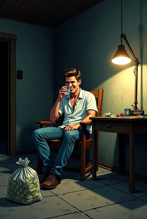  A young man seated in a simple wooden chair ,  in a dark, dimly lit house ,  with a sarcastic smile on her face . He is dressed in a white shirt and jeans, and hold a glass of water ,  drinking calmly while it seems contemplate your recent action with sat...