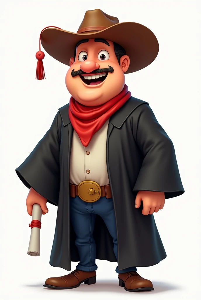 Generate an image of an animated cowboy in a graduation gown in png
