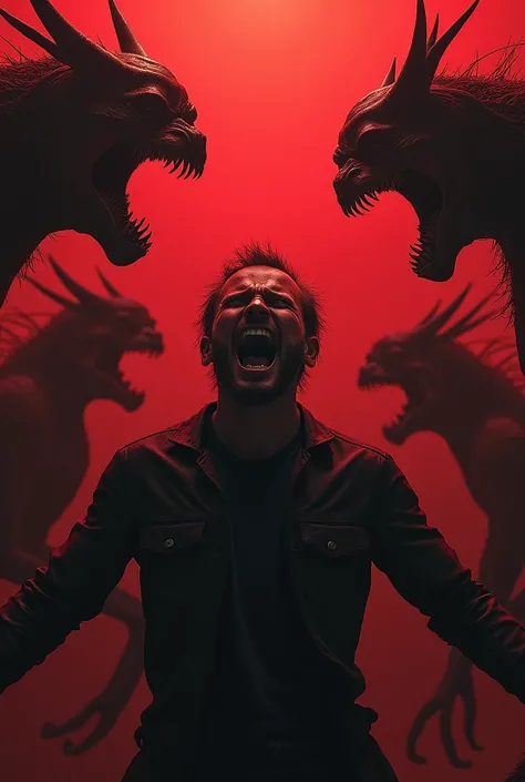 man screaming in horror , while grotesque and humanoid demons, smile and dance around  , dark and apocalyptic red landscape 