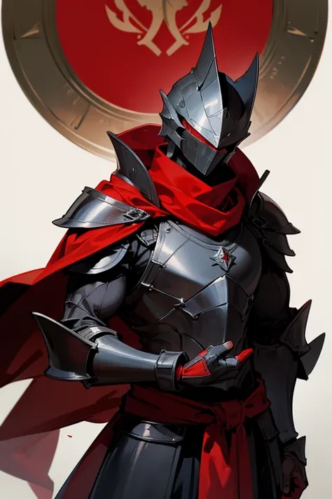 Muscular man, wearing rigid black and red armor. He wears a red cloak as well. A red scarf and helmet hide his face.