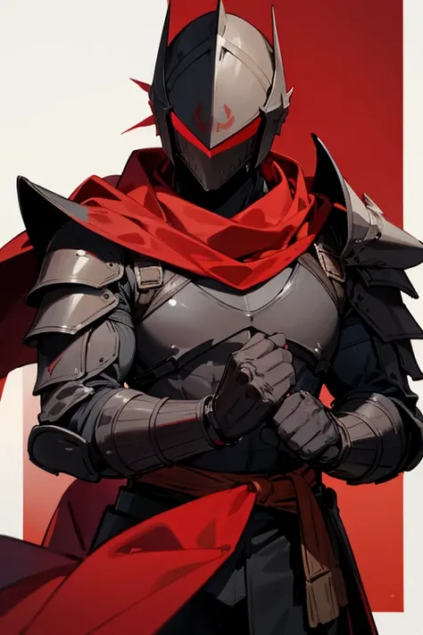 Muscular man, wearing rigid black and red armor. He wears a red cloak as well. A red scarf and helmet hide his face.