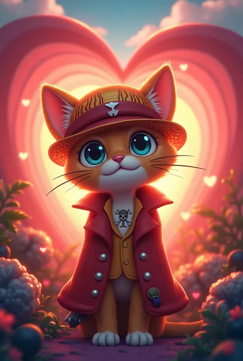 Cat with something from one piece with heart background from a BTS album






