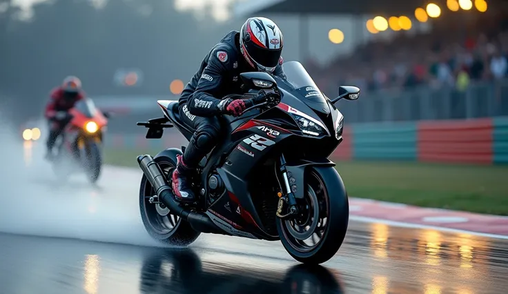  high quality image in HD , 16K,  prototype that is a Kawasaki Ninja H2R model 2025 , Year of the prototype 2035 , bicolor in metallic black and shiny midnight red ,  with carbon fiber details and spoilers at the height of the mirrors ,  black tinted glass...