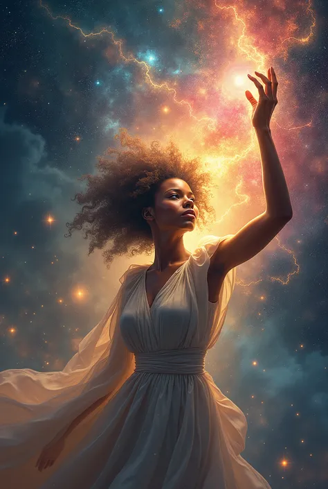 An image of a beut8 dark-skinned woman  harnessing the power of the cosmos to manipulate the fabric of reality itself, amidst the swirling vortex of a cosmic nebula. she isbathed in the cosmic energies of the universe, and her expression is one of transcen...