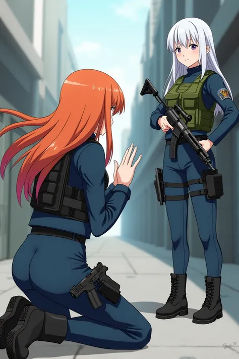   Second-generation anime girl Asuka Langley is wearing a 3 blue soft shell ,  urban blue tactical pants ,  M6 black boots Rel and tactical black gloves .  bulletproof vest On her leg hangs the HK USP ,  and her body is wearing a Guardian Shield .  Her lon...