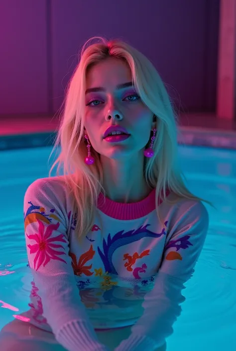 A young Russian woman with long blond hair and lilac lips, She is made up in a unique way she wears neon magenta earrings , Wear a colorful sweater printed a beautiful dragon design,The girl floats in a pool that shows her reflection in the water a little ...