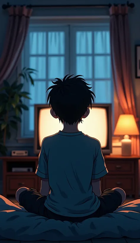 anime,  boy playing video games, sitting in front of the tv, tv light illuminating the house, boy with his back turned, 80s, vintage, nostalgic feeling, night