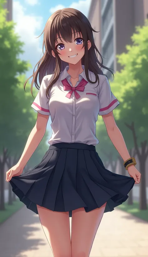 college girl. College uniform .  Shes standing,  stretching back a little,  lifting his skirt ,   has a mischievous smile . You can see her pink underwear .  She has a college uniform .  full body.