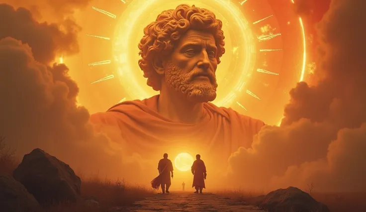  ultra realistic giant image of the portrait of Marcus Aurelius, At Heavens Gate talking with Saint Peter,  a ritual of Santo Daime ,  yellow and light red clouds,  colored mists ,  ren playing with wheels , Pajés , Indians.