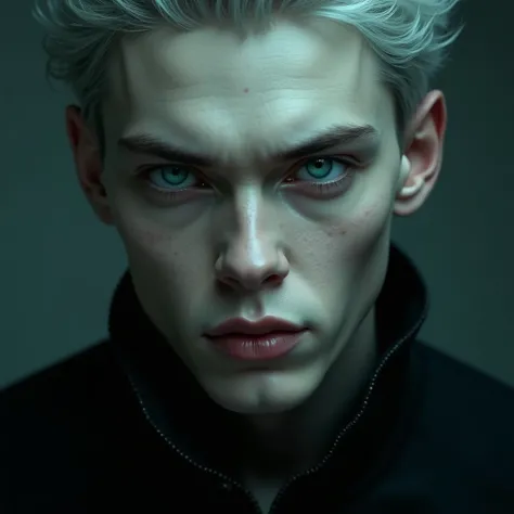 Handsome young man with silver hair and turquoise cat-like eyes, pale skin, wearing a black shirt, his features close to the screen