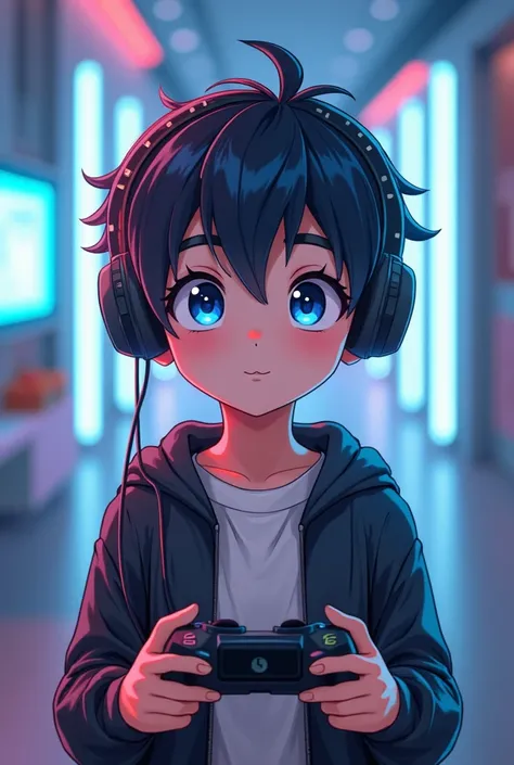 
Create a boy with anime traits and with a hedset and video game controller in his hand