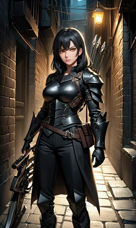 ((anime)), mature woman, black hair, black leather armor, black boot, with crossbow and longsword on the back, dark alley background, ultra detailed, high resolution