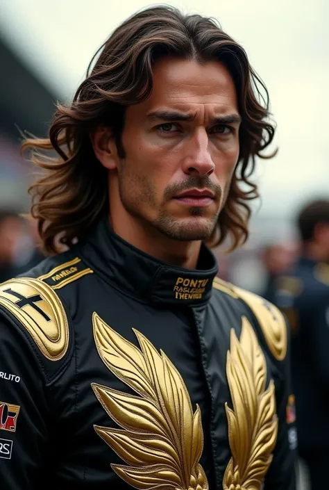  With longer hair and with the black and gold jumpsuit, Like Lotus ,  a male Formula 1 driver, Like Ayrton Senna 