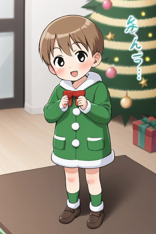 Very young girl dressed in Christmas anime style， short， toddler figure ， Christmas tree， sarcasm ，