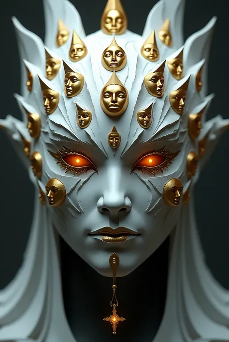 The logo of the Power of Light in the form of a white many-sided mask with lots of golden faces on it