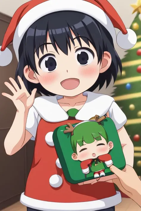 Very young girl dressed in Christmas anime style， short， toddler figure ， Christmas tree， sarcasm ，