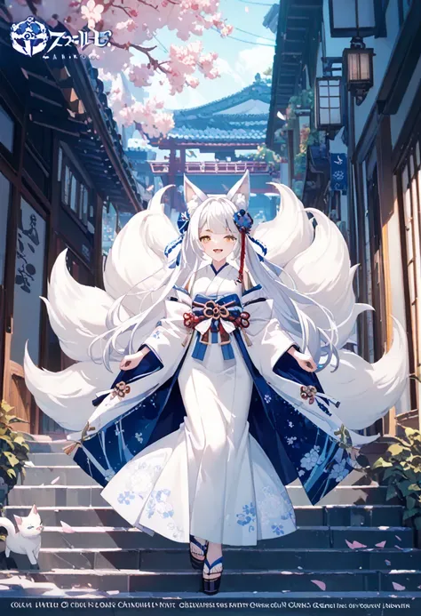  Another Azure Alley , 1 girl, Im a character ,  Anime girl with white hair and blue dress , white fox , white fox anime, fox and bush, 9 tails, 9 Fox Tails, 9 white fox tails, white fox, vampire white fox, Azure Lane style,  official character art, kimono...